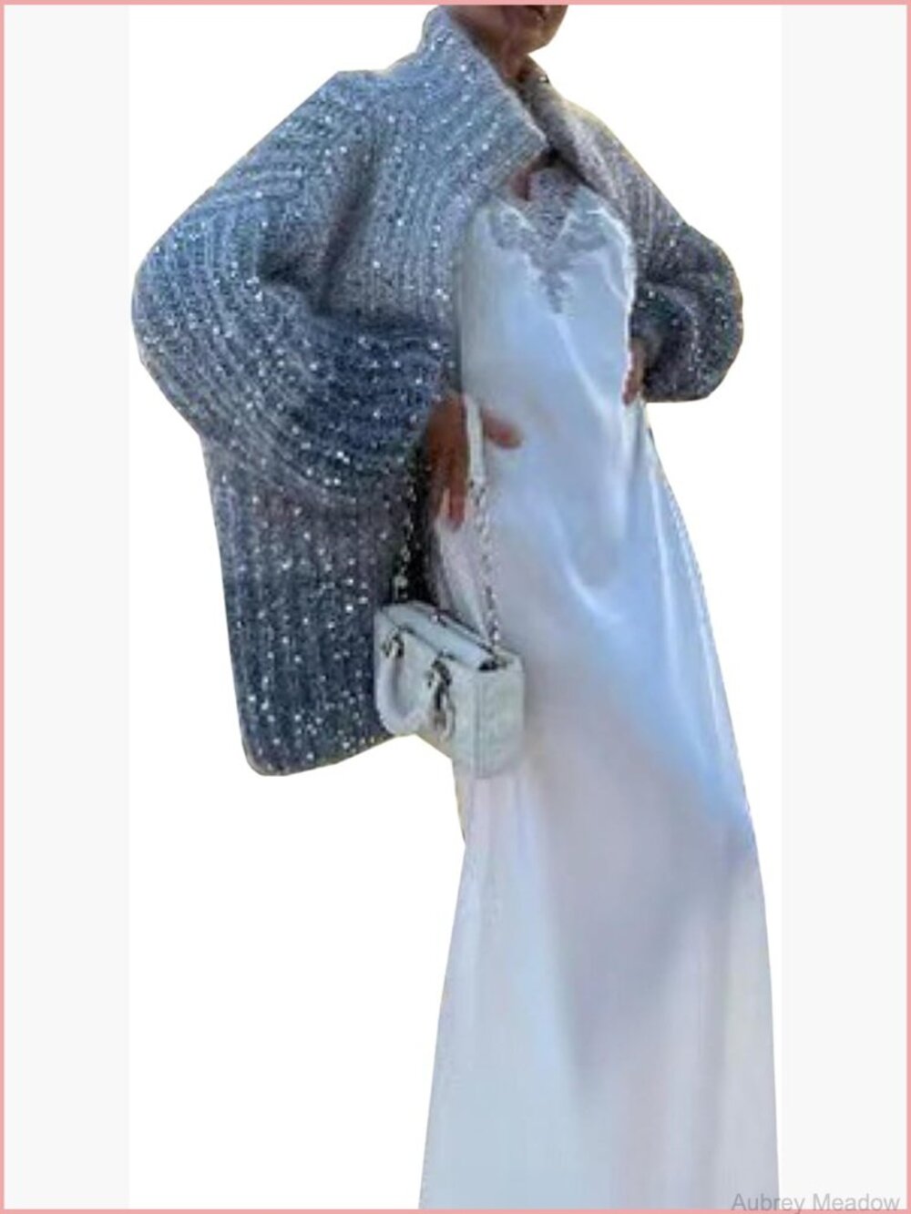 Oversized Sequin Cardigan Sweater Stand Collar Zip Up Lantern Sleeve